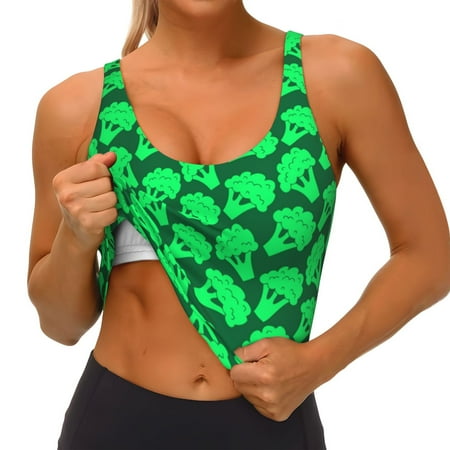 Qokaie Green Broccoli Pattern Womens Scoop Neck Sports Bra Breathable Workout Vest Padded U Back Medium Impact Fitness Gym Yoga Bra Workout Crop Top