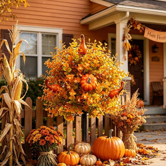 WTQVGQ Thanksgiving Artificial Pumpkin Garden Planter, 56cm Multicolor Plastic Fall Decor Shrub with Artificial Leaves, Indoor Outdoor Home Patio Balcony Decoration