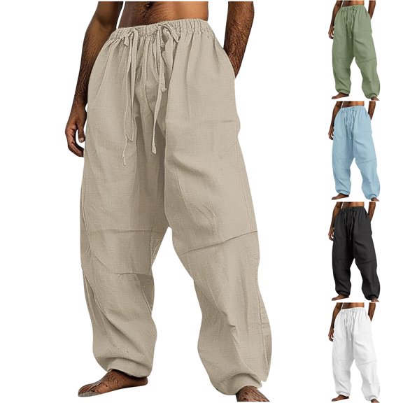 Mens Cotton Linen Pants Yoga Beach Loose Fit Casual Elastic Waist Drawstring Summer Harem Baggy Trousers with Pockets Size 3XL White