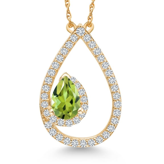 Gem Stone King 10K Yellow Gold Green Peridot and White Lab Grown Diamond Teardrop Pendant Necklace for Women (0.63 Cttw, Pear Shape 6X4MM, Gemstone August Birthstone, with 18 inch Chain)