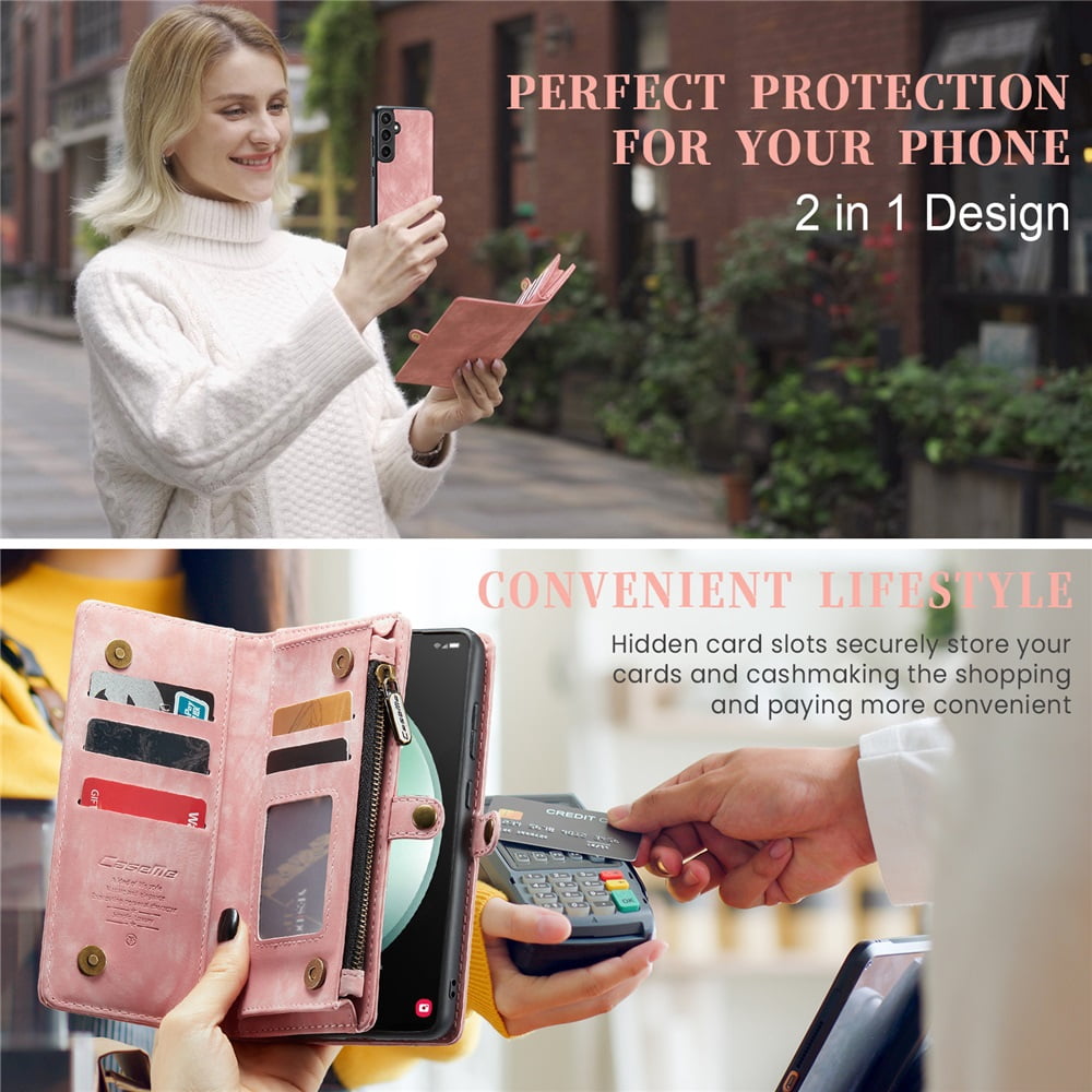 CaseMe Leather Case for Samsung Galaxy S23 FE 5G,2 in 1 Detachable Wallet Case with 8-Card Holder Zipper Bills Slot,Magnetic Shockproof Flip Leather Cover Zipper Pocket Phone Cases,Pink