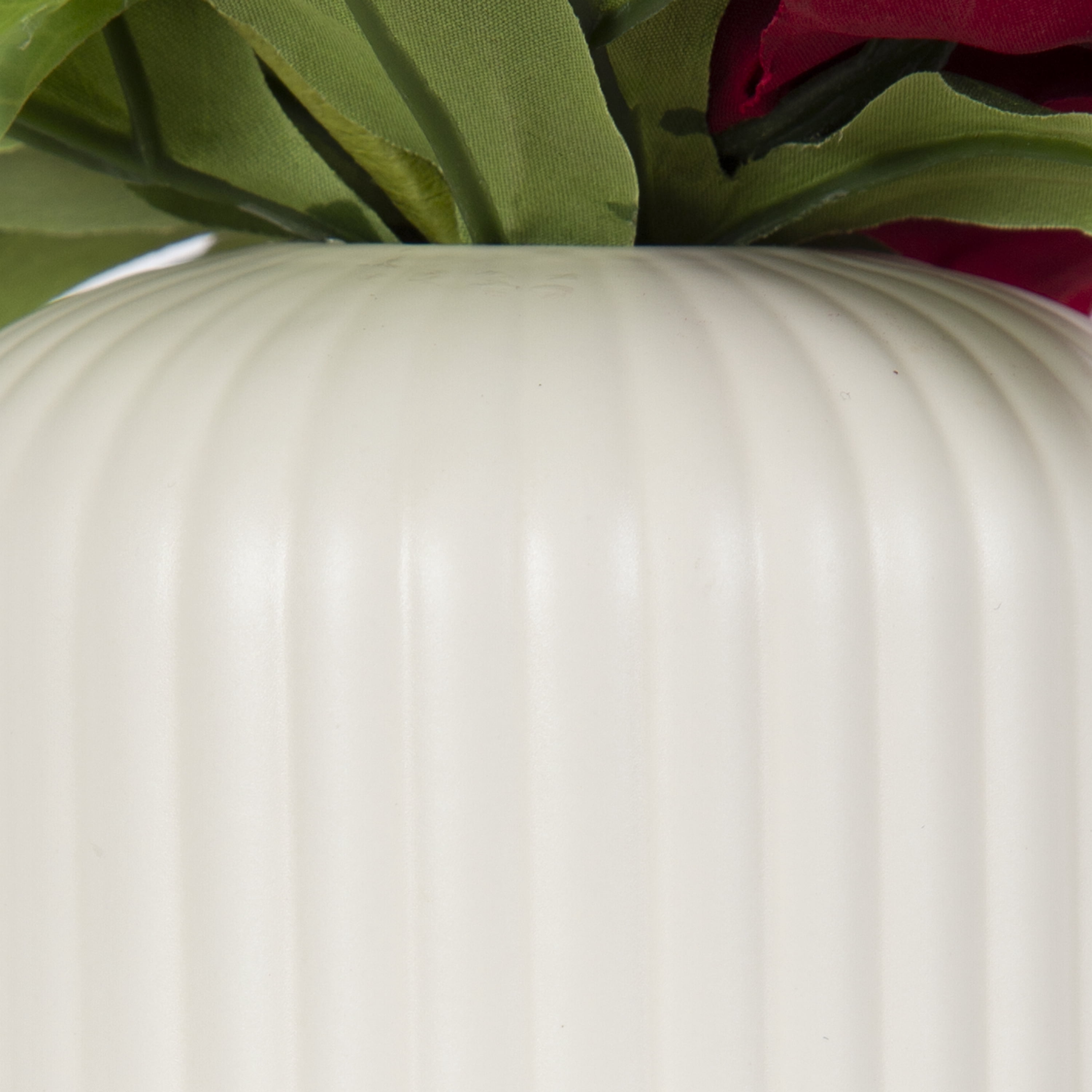 Better Homes & Gardens 7.5" Artificial Red Peony Flowers in Ribbed off-White Ceramic Vase