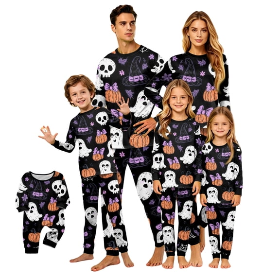 Halloween Pajamas, Halloween Matching Family Pajamas Black Bow Pumpkin Print Long Sleeve 2 Piece Pj Set Fun Sleepwear Nightwear Loungewear Spooky Holiday Party Season Photos