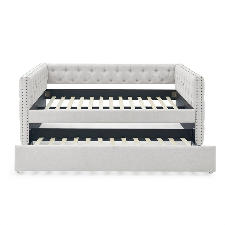 Upholstered Daybed with Trundle Tufted Sofa Bed with Button and Copper Nail on Square Arms Full Size Daybed Frame with Trundle Heavy Duty Sofa Bed with Wood Slat Support for Living Room Bedroom Beige ...