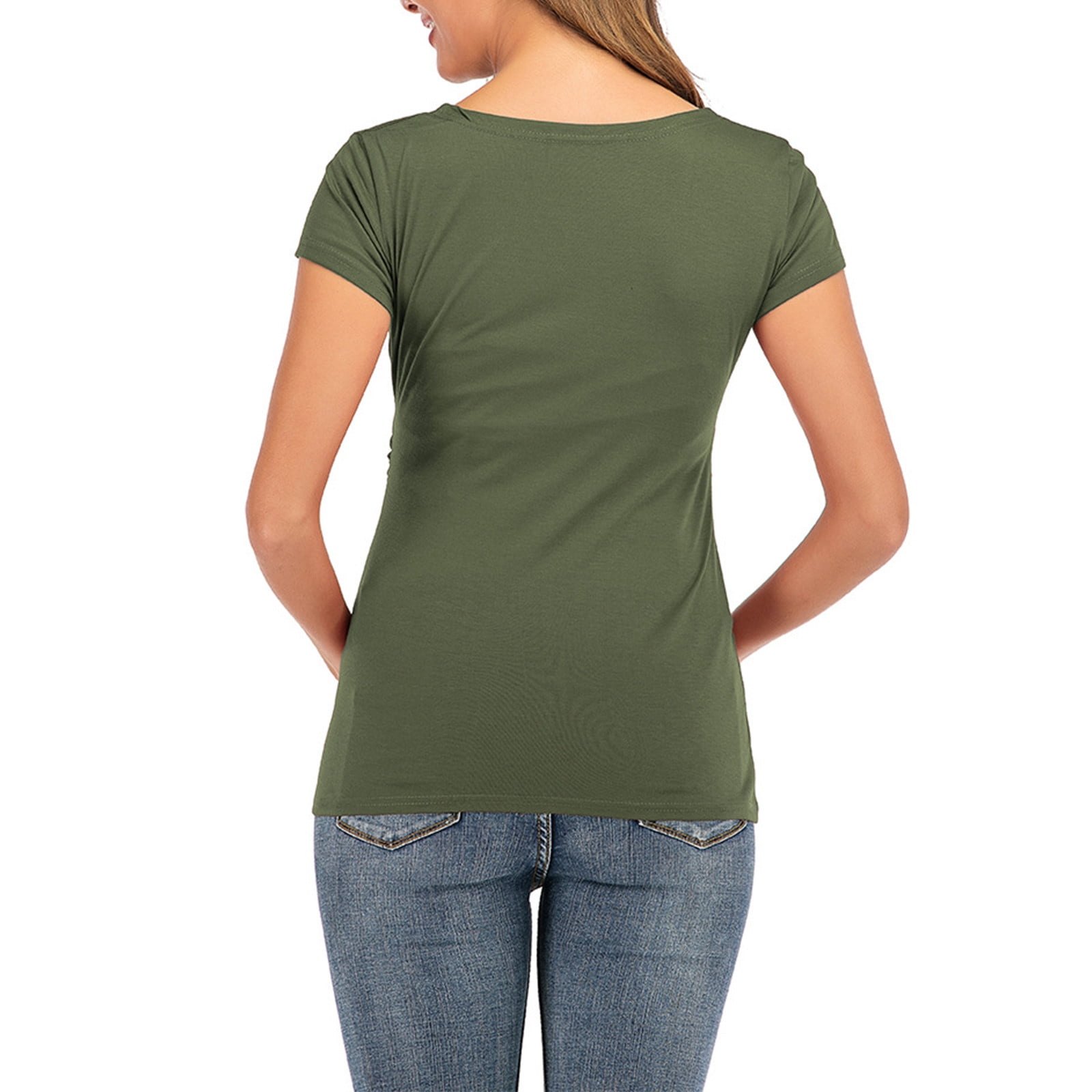 Nursing Front Belted Solid Color Short-sleeve V Neck Maternity Dress