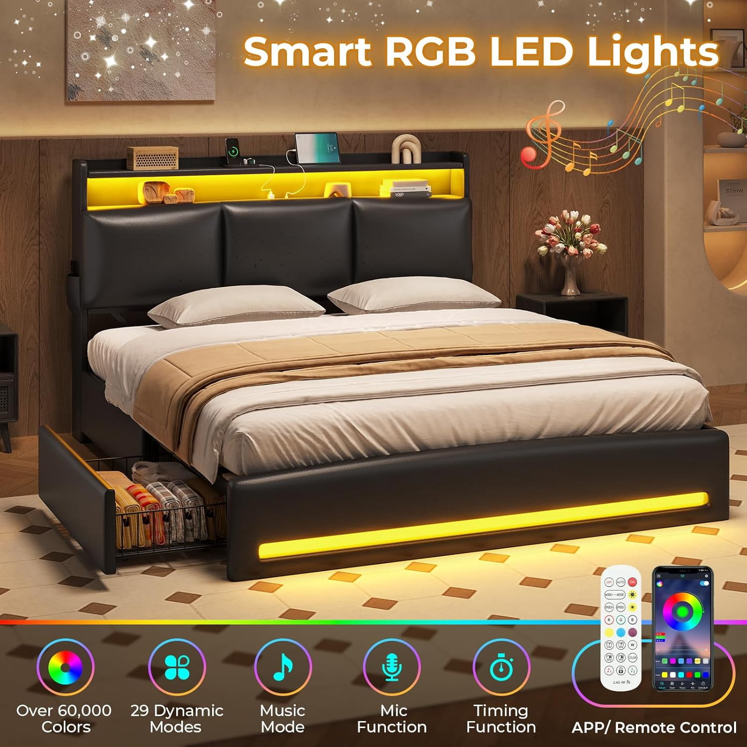 AOGLLATI Full Size Platform Bed Frame with 4 Storage Drawers, Upholstered PU Leather Headboard with Hidden Compartment, Integrated Led Lights & Charging Station, Black