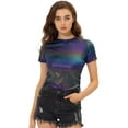thumbnail image 1 of INSPIRE CHIC Haut Multicolore Brillant à Manches Courtes Texturé Métallisé de Fête pour Femme Bleu Foncé m, 1 of 5