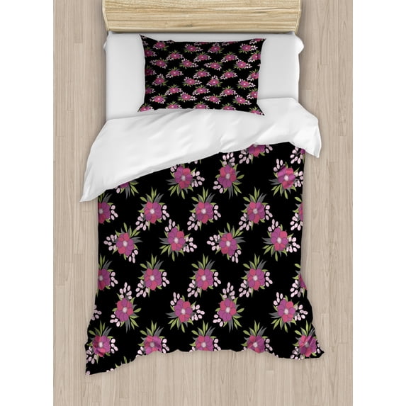 Nature Duvet Cover Set Twin Size, Overview Scenery of Flower Bunches with Leaves on a Charcoal Grey Background, Decorative 2 Piece Bedding Set with 1 Pillow Sham, Multicolor, by Ambesonne