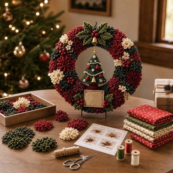LEVEO 3D Fabric Poke Wreath DIY Kit, Christmas Craft Set for Adults,Christmas Wreath Poke Art Kits,Christmas Fabric Art Door Hanging Craft Kit,Door & Wall Decor(Christmas Tree)
