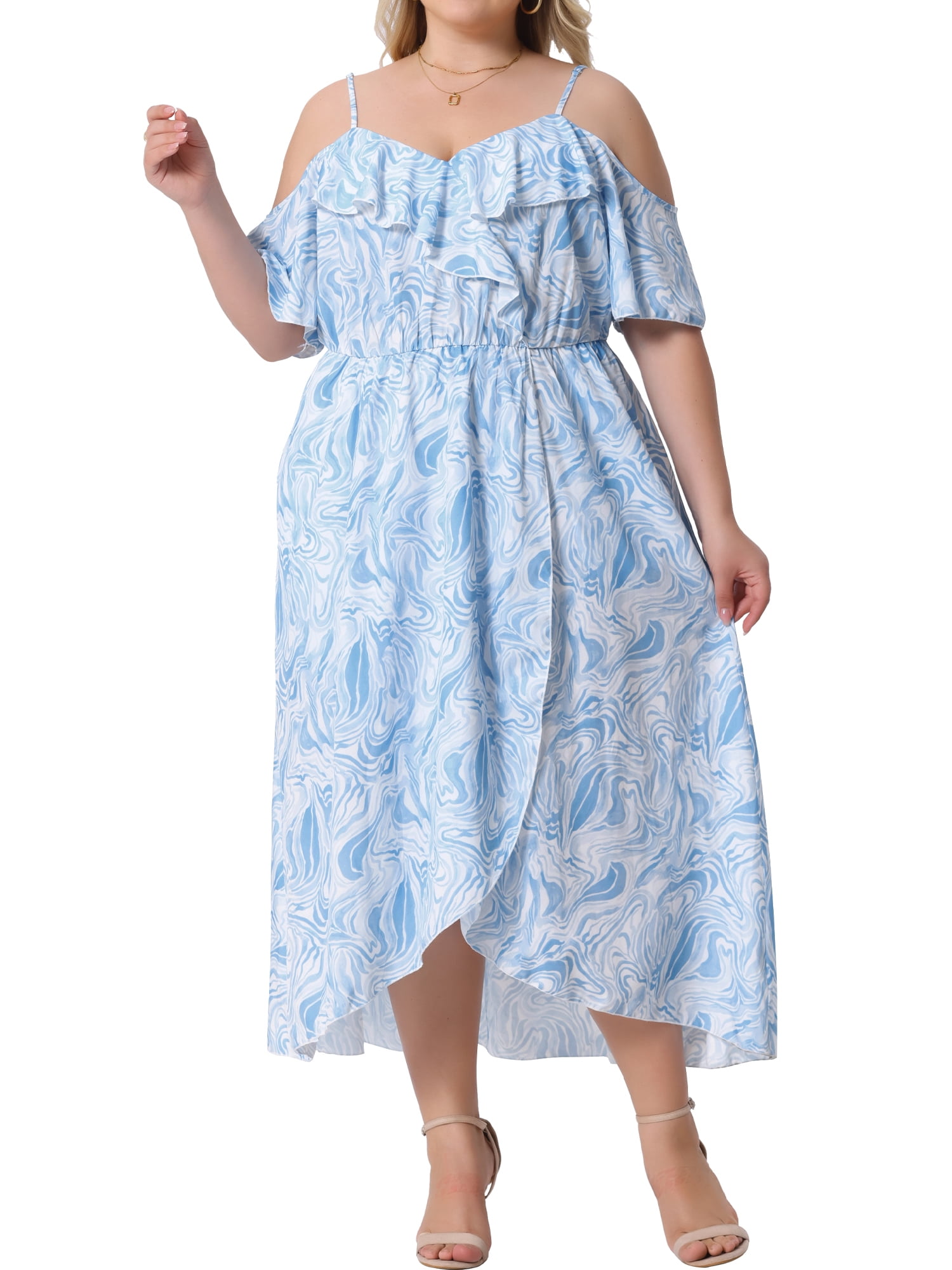 DARING DIVA Plus Size Short Sleeve Faux Wrap Summer Floral Dress 1X Light Blue