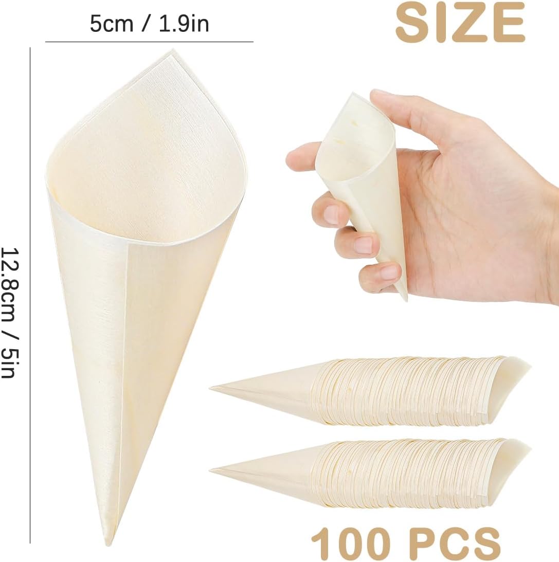 ABPETE 100Pcs Disposable Wood Cones Tasting Cones Serving Cones for Ice Cream Fries Appetizers Wedding Birthday Party Supplies, 5Inch