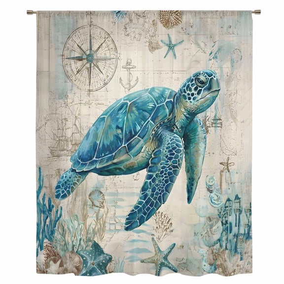 Teal Sea Turtle Coastal Sheer Curtains 45 Inches Long, Vintage Summer Beach Nautical Light Filering Curtains, Breathable Simi Curtain Privacy Drapes for Kitchen Bathroom Small Window Treatment