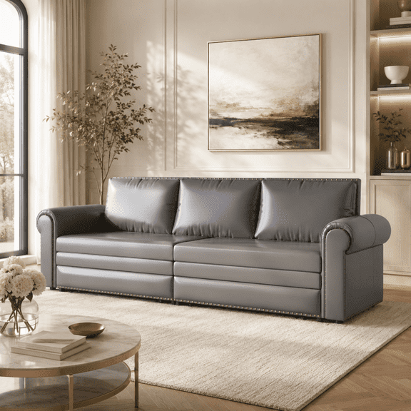 93.7" King Size Sleeper Sofa Bed, 3-in-1 Pull Out Chesterfield Sofa, Faux Leather Couch with Nailhead Trim & Rolled Arms, Grey