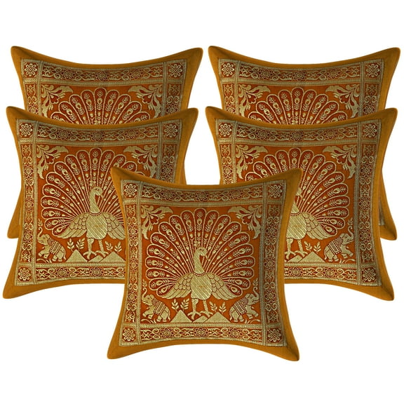 Stylo Culture Indian Zippered Brocade Mustard Yellow And Gold Throw Pillow Covers 12x12 Jacquard Weave Sofa Throw Cushion Covers Dancing Peacock Floral 30x30 cm Decorative Cushion Covers (Set Of 5)