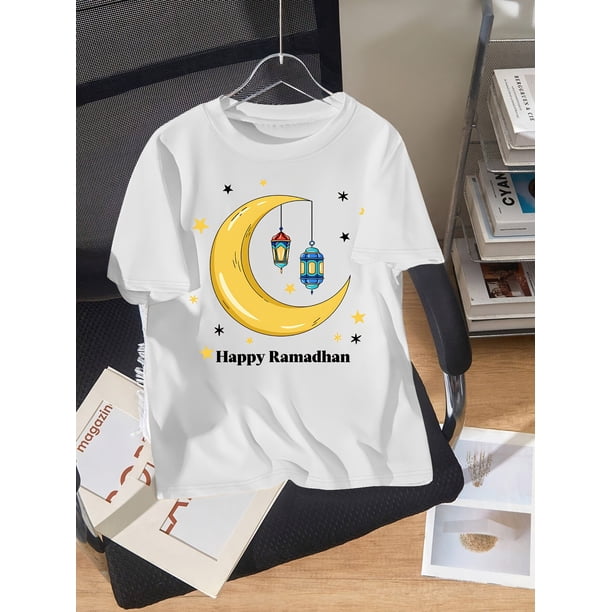 Nueva camiseta de manga corta con estampado de dibujos animados para niños, informal, holgada, moderna y de calle, para uso diario, para el Festival de Ramadán de primavera/verano.