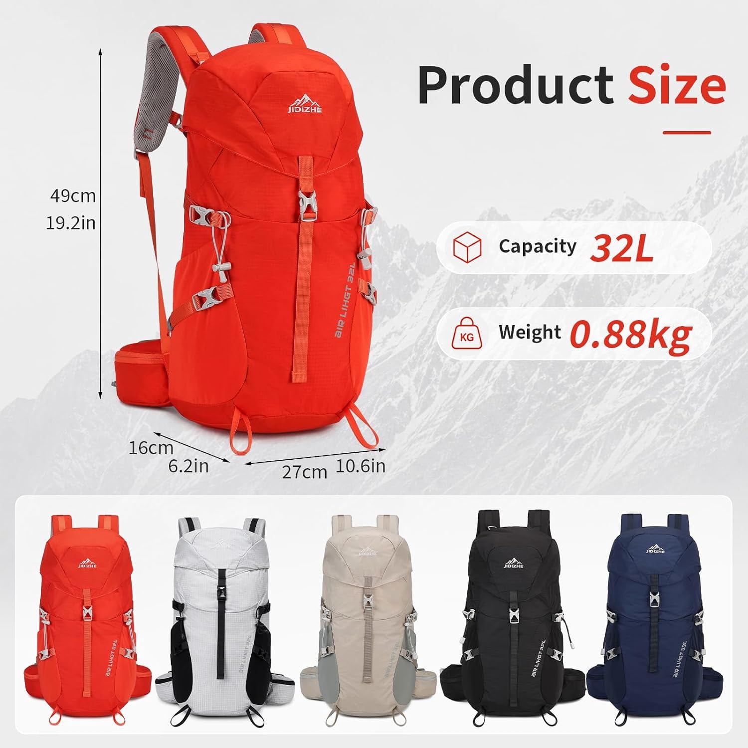 JIDIZHE 32L Hiking Backpack with Internal Frame and Rain Cover, Lightweight Pack Equipped with Adjustable Chest Strap, Breathable Unisex Daypack for Hiking, Camping and Travel，Red
