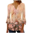 thumbnail image 2 of Orange Women's Long Sleeve T-shirt, Summer Tops For Women 2025 Trendy Boho Floral Print Tunic Shirts 7 Sleeve V Neck Tshirt Casual Loose Blouse,Women's Long sleeve T-shirt L, 2 of 5