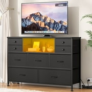 GIKPAL 9 Drawer Dresser, Dressers for Bedroom TV Stand with Power Outlets LED Lights, Fabric Chest of Drawers Black Dresser TV Stand for up to 50" TV