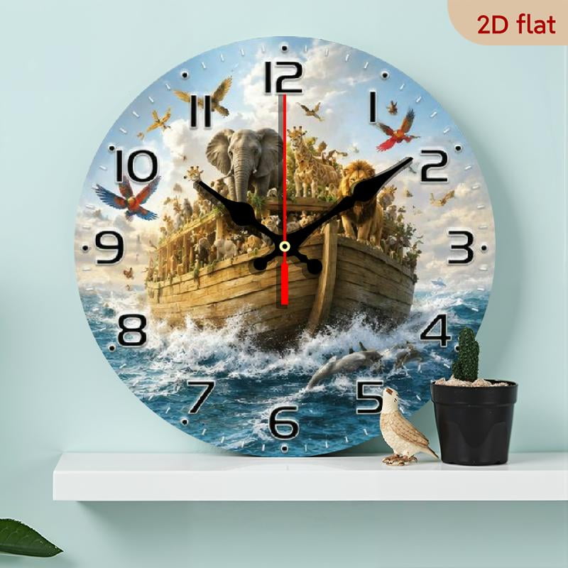 10-Inch Noah's Ark Silent Round Wall Clock Wood Veneer, Animal Boat Design - Perfect for Living Room, Bedroom, Kitchen Decor - Battery Not Included, Kitchen Wall Clock Decorative Wall Cloc