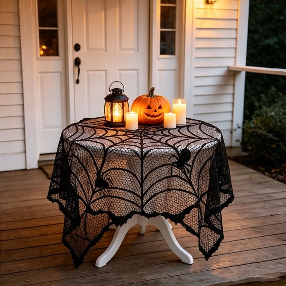 Black Spiderweb Lace Tablecloth, 60" Round Halloween Gothic Table Cover, Spooky Home Decor for Dining & Vintage House Setup, Elegant Victorian Inspired Holiday Accent, Semi-Sheer, A