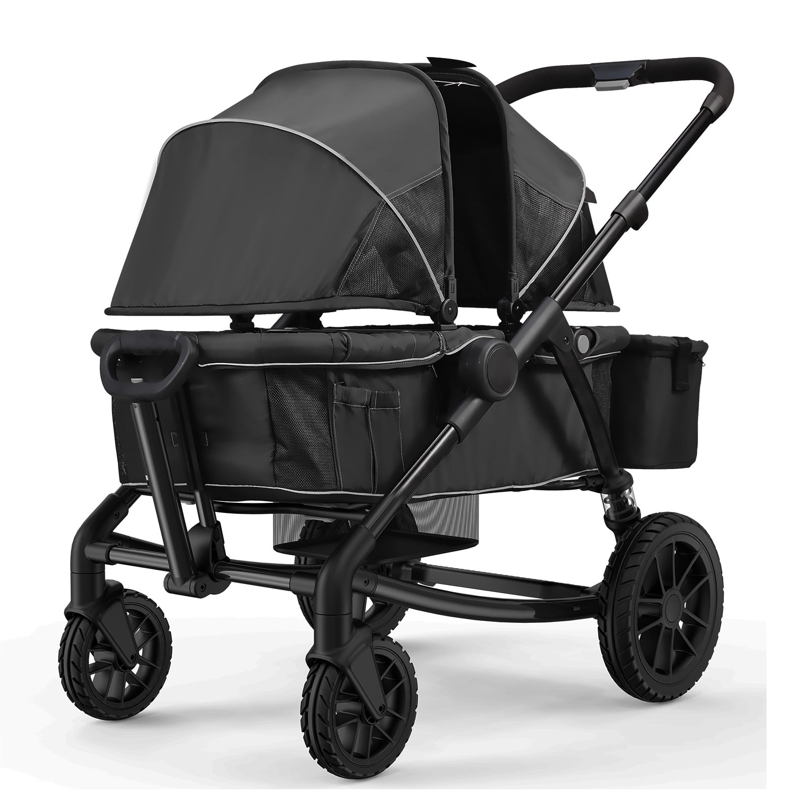 KFFKFF Multi-Terrain Wagon Stroller, Dual-Seating, Easily Foldable for Travel, Comes with Shade Cover, Storage for Parents, Food Tray & Beverage Holders, Supports up to 55lbs per Seat