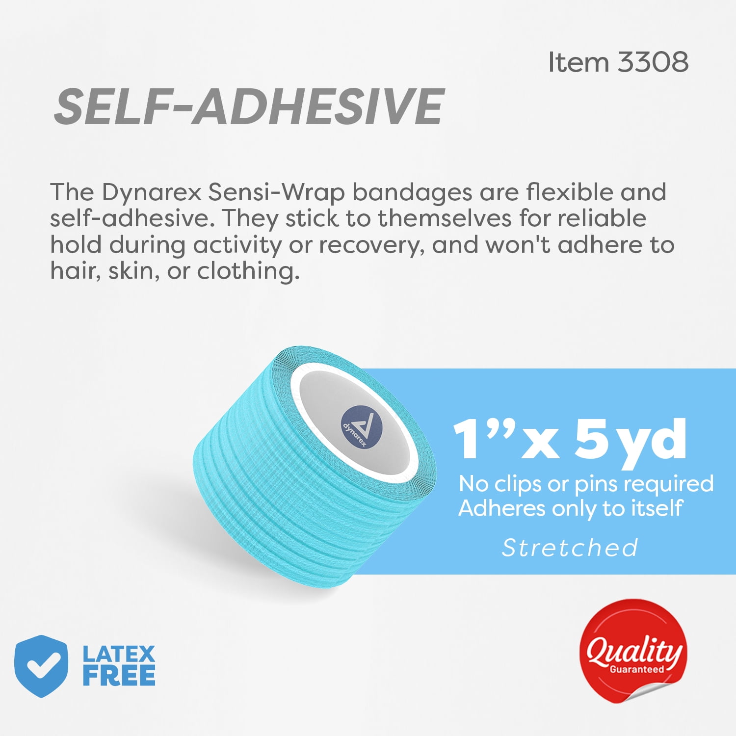 Dynarex Sensi-Wrap Self-Adhesive Bandages, 30-Pack, 1" x 5 yards, Light Blue, Latex-Free, Colored Elastic Cohesive Athletic Tape, Tattoo Grip & Vet Wrap