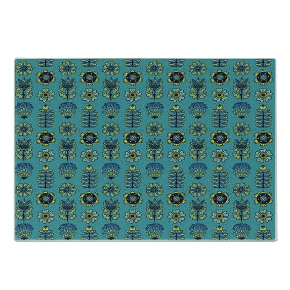 Abstract Cutting Board, Folklore Inspired Creative Pattern with Floral and Botanical Elements, Decorative Tempered Glass Cutting and Serving Board, in 3 Sizes, by Ambesonne