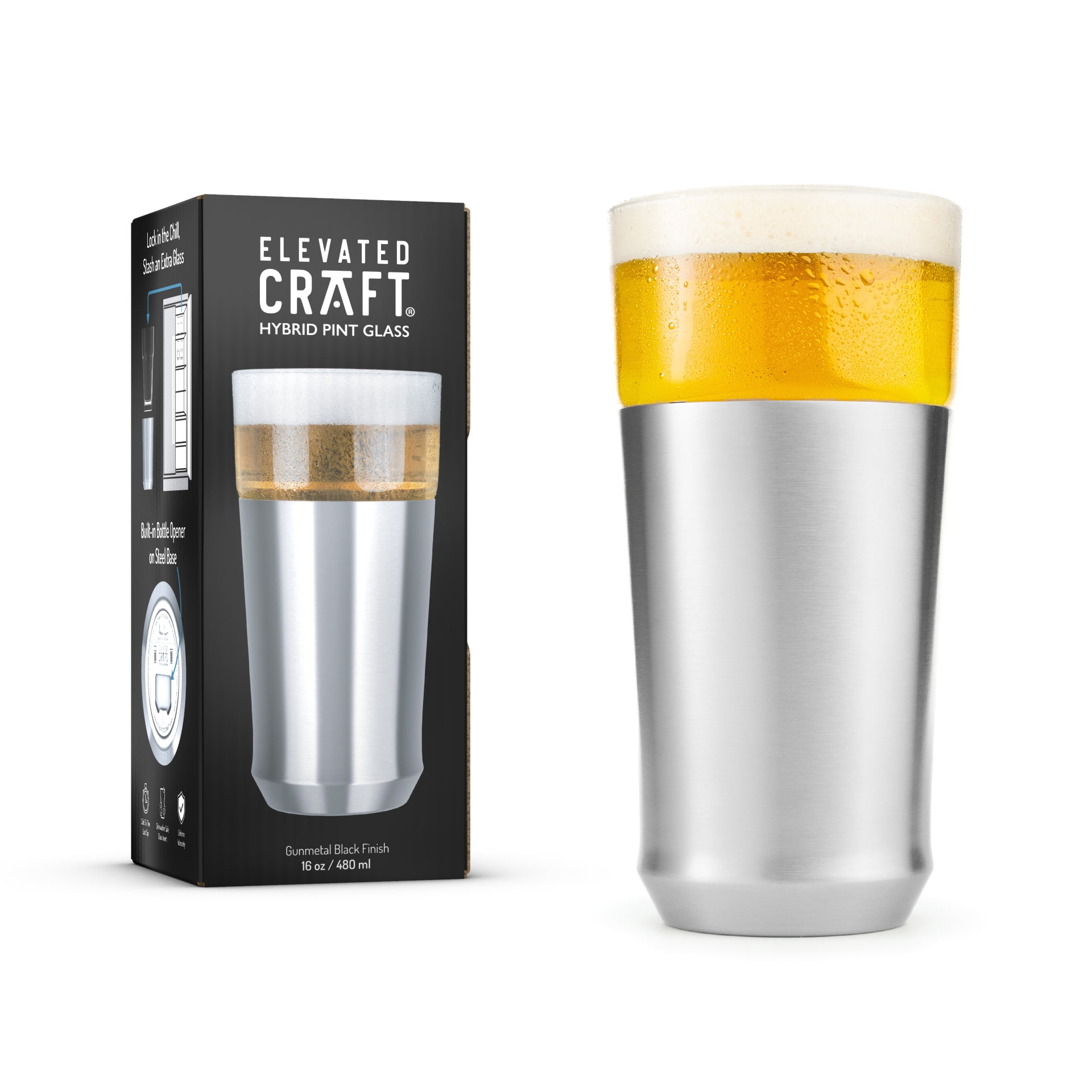 Elevated Craft Hybrid Vacuum Insulated Stainless Steel Base with Removable Pint Glass Insert, Ideal Insulation for Beers & Cold Beverages with Built-in Bottle Opener, Durable & Stylish, Steel (16 oz)