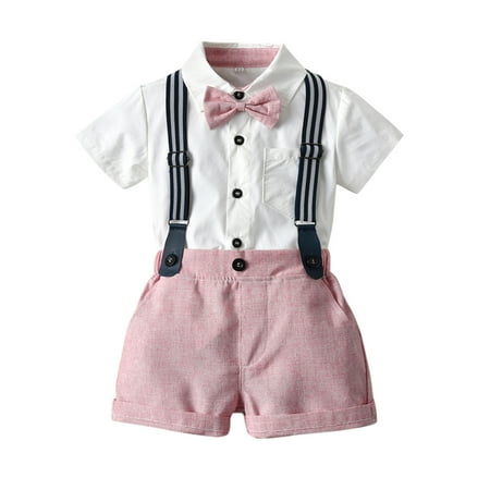 

Yubatuo Toddler Baby Boys Gentleman Bow Tie Solid T-Shirt Tops+Suspender Shorts Outfits Pink 100