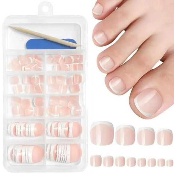 HLONK 120pcs Nude Press on Toenails French Press ons Toe Nails Short Square Full Cover Glossy Acrylic False Toes Nail Tips for Women Girls Foot Manicure