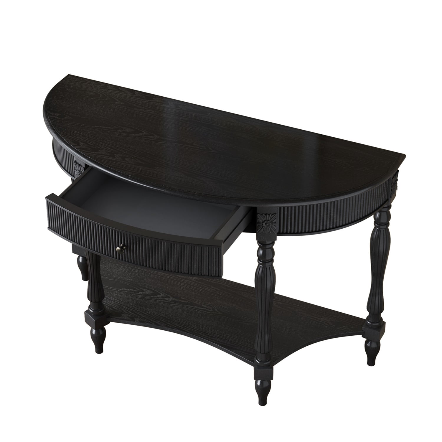 Hommoo Solid Wood Half Moon Console Table with Drawer & Open Shelf, Vintage Fluted Entryway Table for Hallway, Foyer, Living Room, Space-Saving Semicircular Accent Furniture, Black
