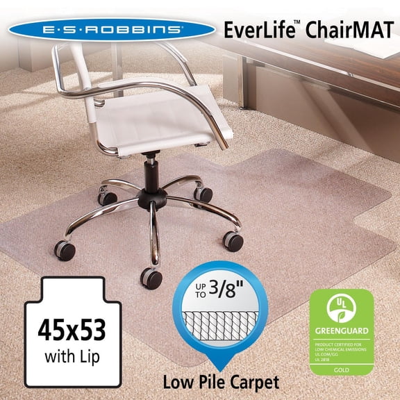 ES Robbins Natural Origins® Vinyl Chair Mat For Low-Pile Carpet, With Lip, 45" x 53", Clear