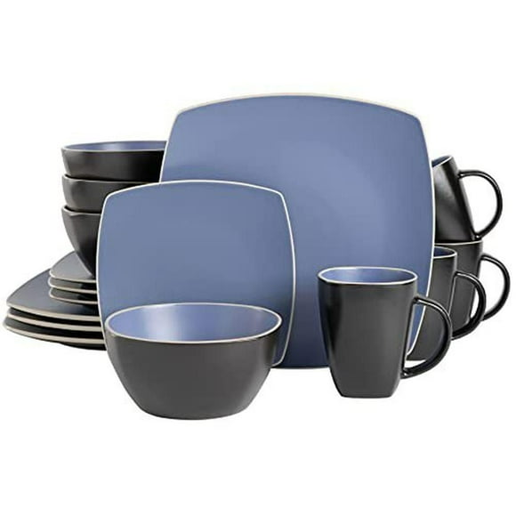 Soho Lounge Service de vaisselle carré en grès 16 pièces Bleu mat/noir