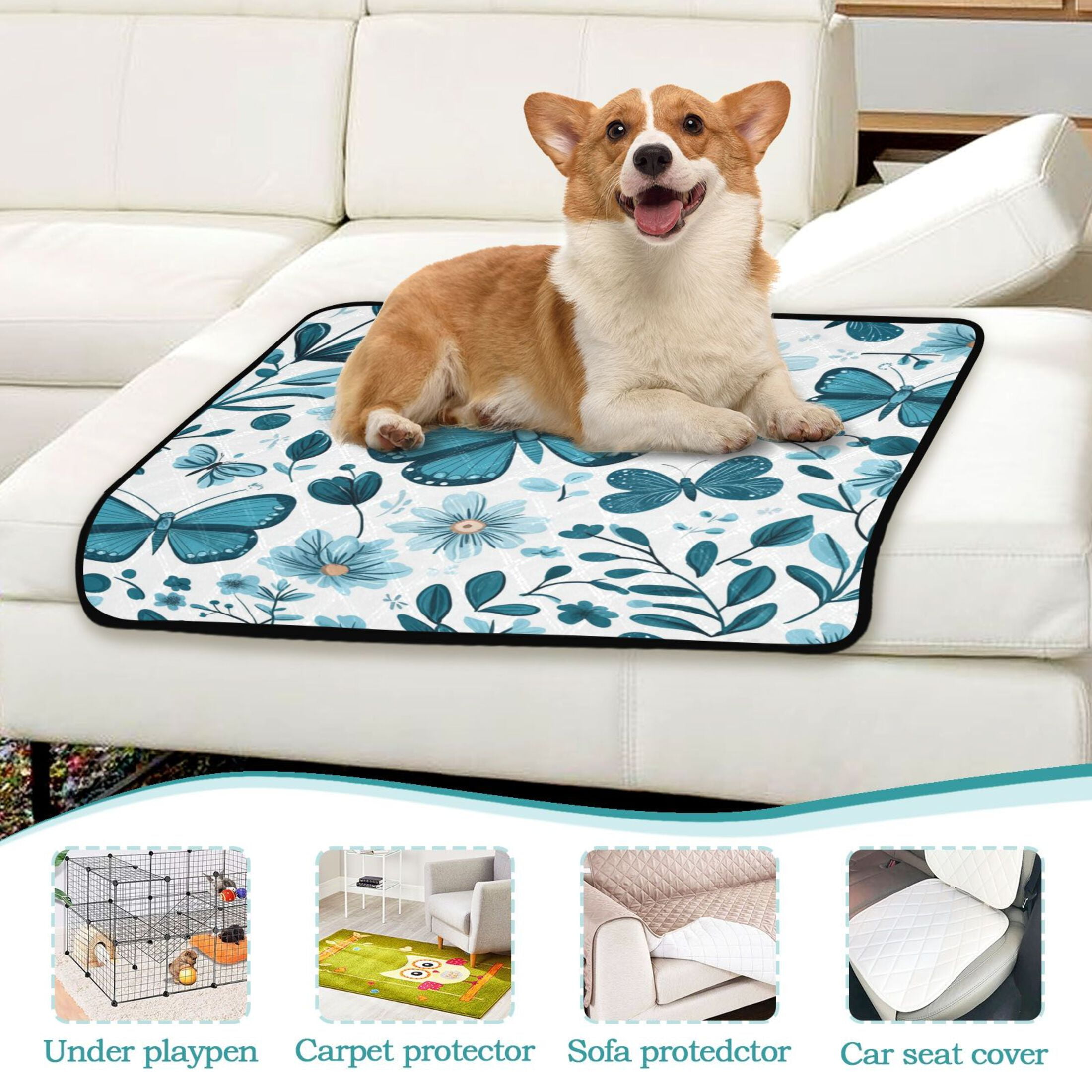 Qxltty Light Blue Butterflies Flowers and Leaves Cat litter Pads Pet Set of 3 Diaper Mats Center Anti-leakage Layer Absorbent Soft and Comfortable