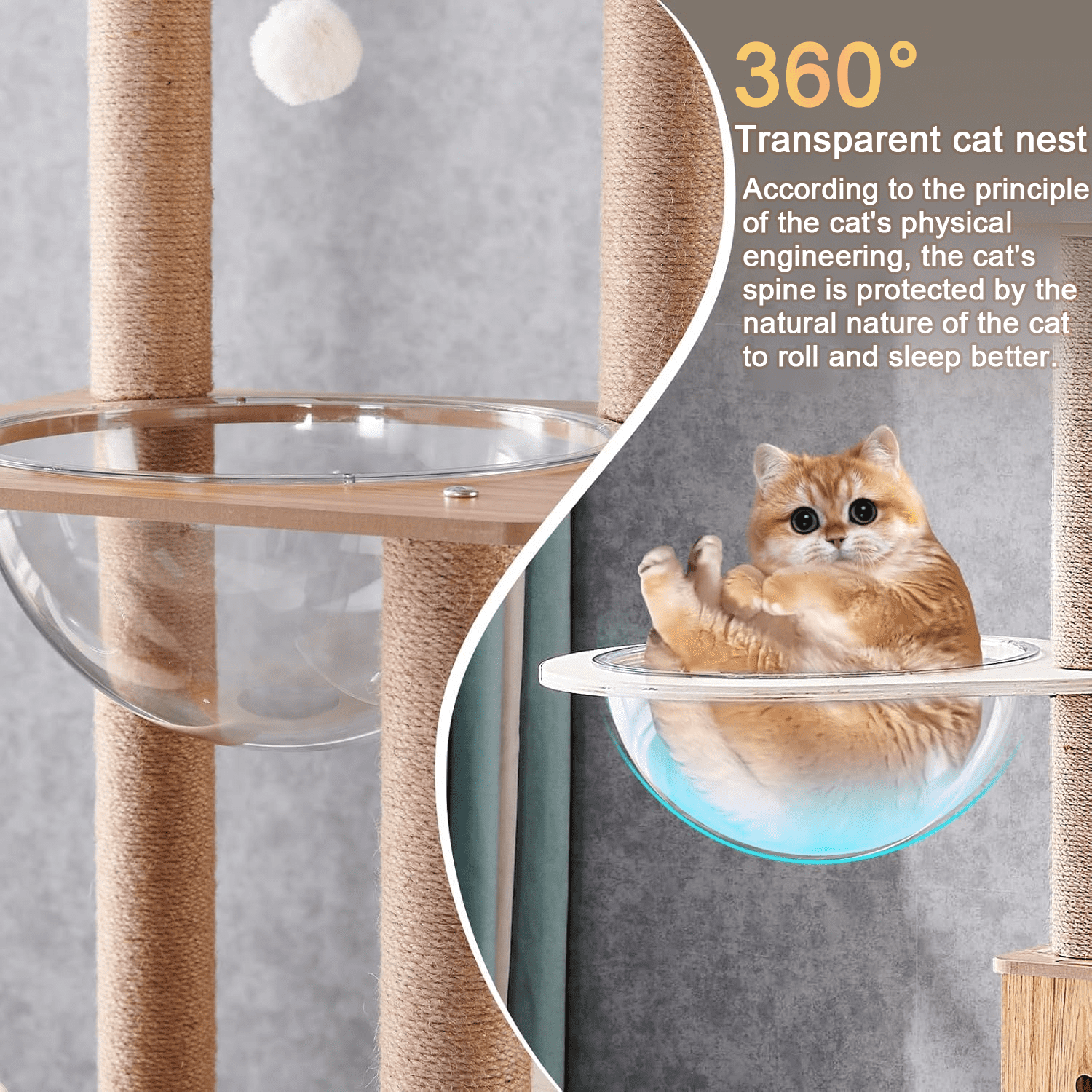 Mekidulu 61in Tall Wooden Cat Tree with 2 Transparent Capsule Pods, 6-Level Heavy Duty Wood Cat Tower for Large Cats, Dark Wood
