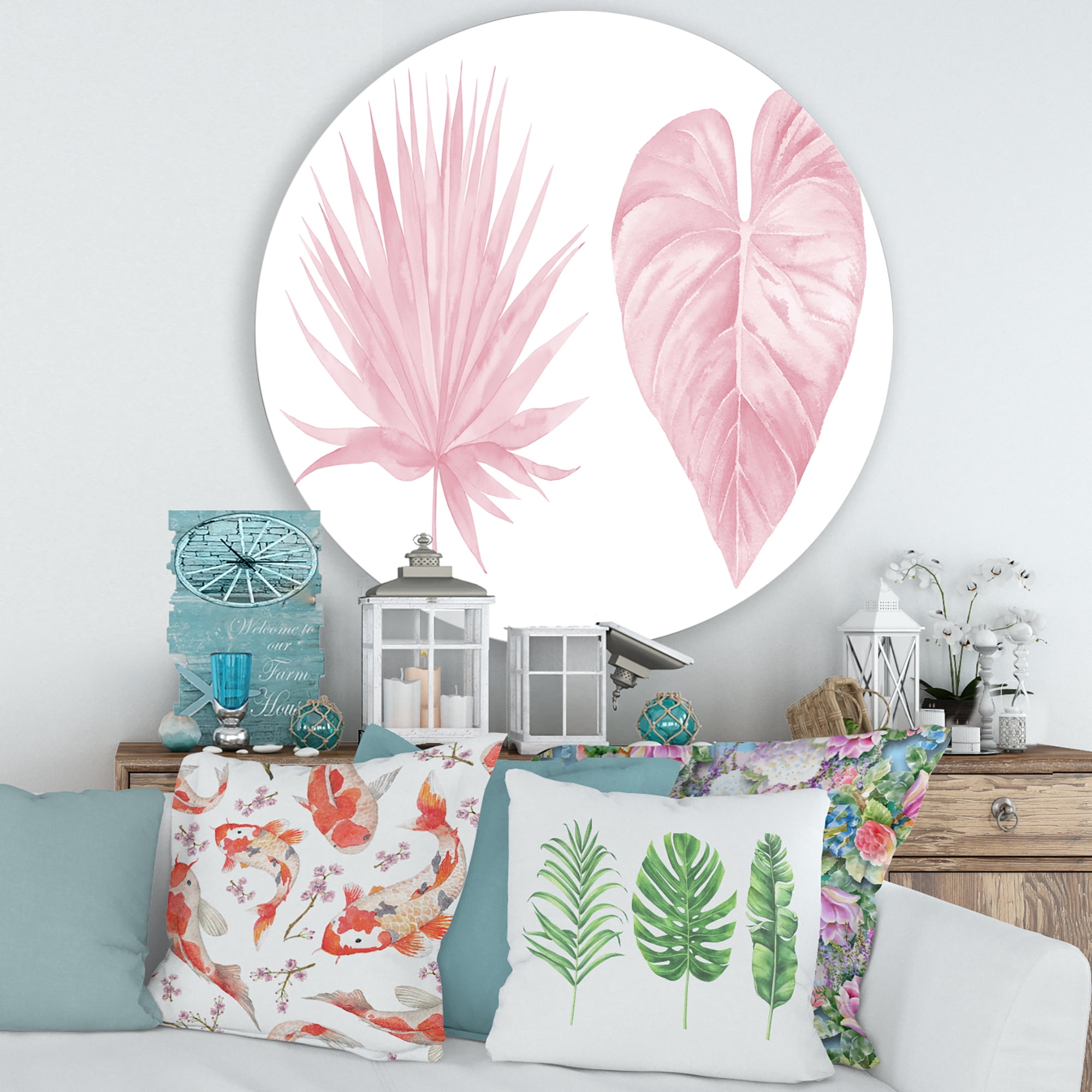 Designart 'Tropical Pink Watercolour Leaves On White II' Shabby Chic Circle Metal Wall Art 36x36 - Disc of 36