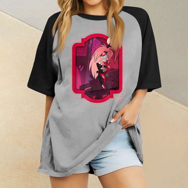 Hazbin Hotel Moda Mujer Casual Cuello Redondo Impreso Raglan Manga Corta Camiseta Top Vermilion/M