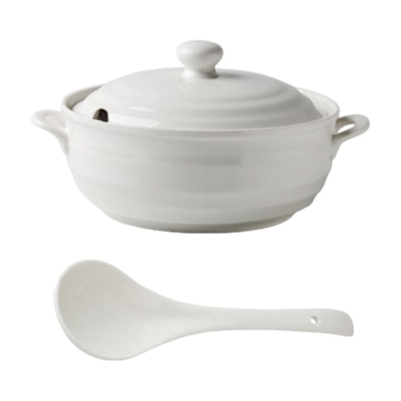 Porcelain soup tureen with lid and spoon, soup bowl with double handles, white design for home and restaurant use, for soups or stews