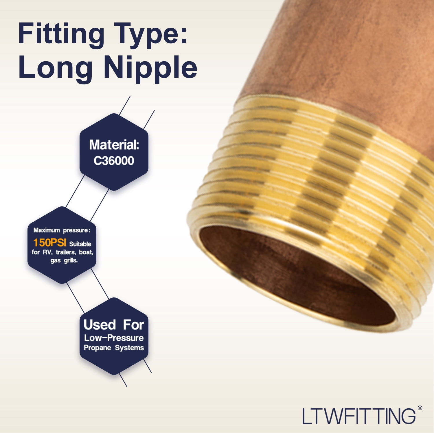 LTWFITTING Brass Pipe Nipple, Threaded Insert Fitting, 3-1/2" Long x 1-1/4" Male NPT, for Air Water (pack of 1)