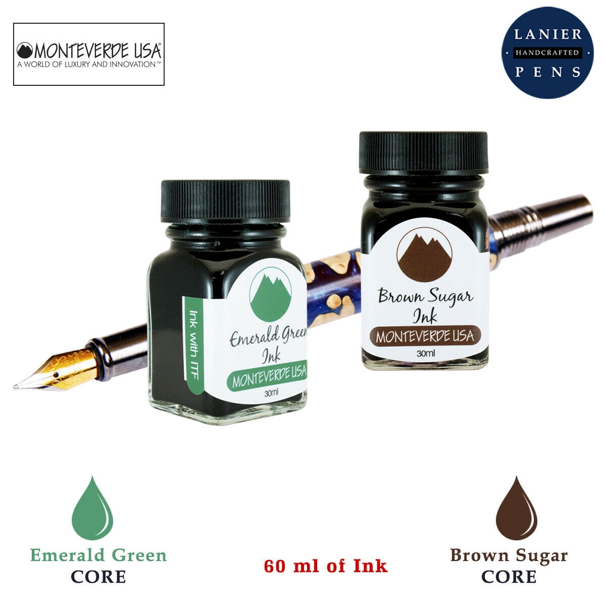 Monteverde 60ml Core Fountain Pen Ink Bottle (30ml Emerald Green Ink Bottle G309EG, 30ml Brown Sugar Ink Bottle G309BS)