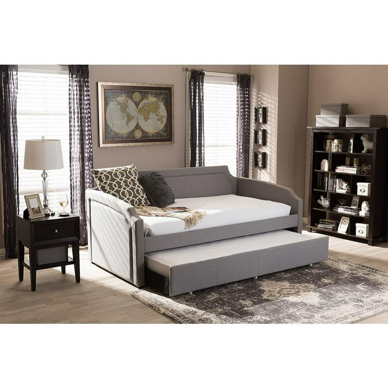 Baxton Studio Parkson Modern and Contemporary Grey Fabric Curved Notched Corners Sofa Twin Daybed with Roll-Out Trundle Guest Bed Baxton Studio Parkson Modern and Contemporary Grey Fabric Curved Notched Corners Sofa Twin Daybed with Roll-Out Trundle Guest Bed