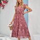 thumbnail image 2 of Vestido largo de las mujeres elegante V cuello ruffle floral impresión rodilla longitud vestido para primavera y verano rosa S, 2 of 8