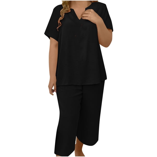 Plus Size Tops Womens Plus Size Tops Ladies' Plus Size Elegant And Fashionable Solid Color Short Sleeved Top And Wide Leg Pants Wide Leg Pants Plus Size Pants