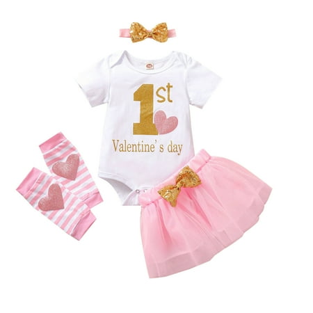 

HESHENG 4PCs Toddler Baby Kids Girls My 1st Valentine s Day Clothes Romper Tops Tutu Skirt Outfits Set(Pink 12-18 Months)