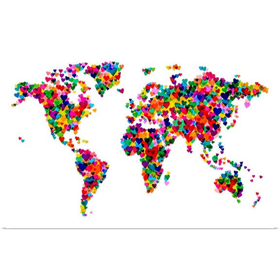 Great BIG Canvas | Rolled Michael Tompsett Poster Print entitled World Map Hearts, Multicolor on White