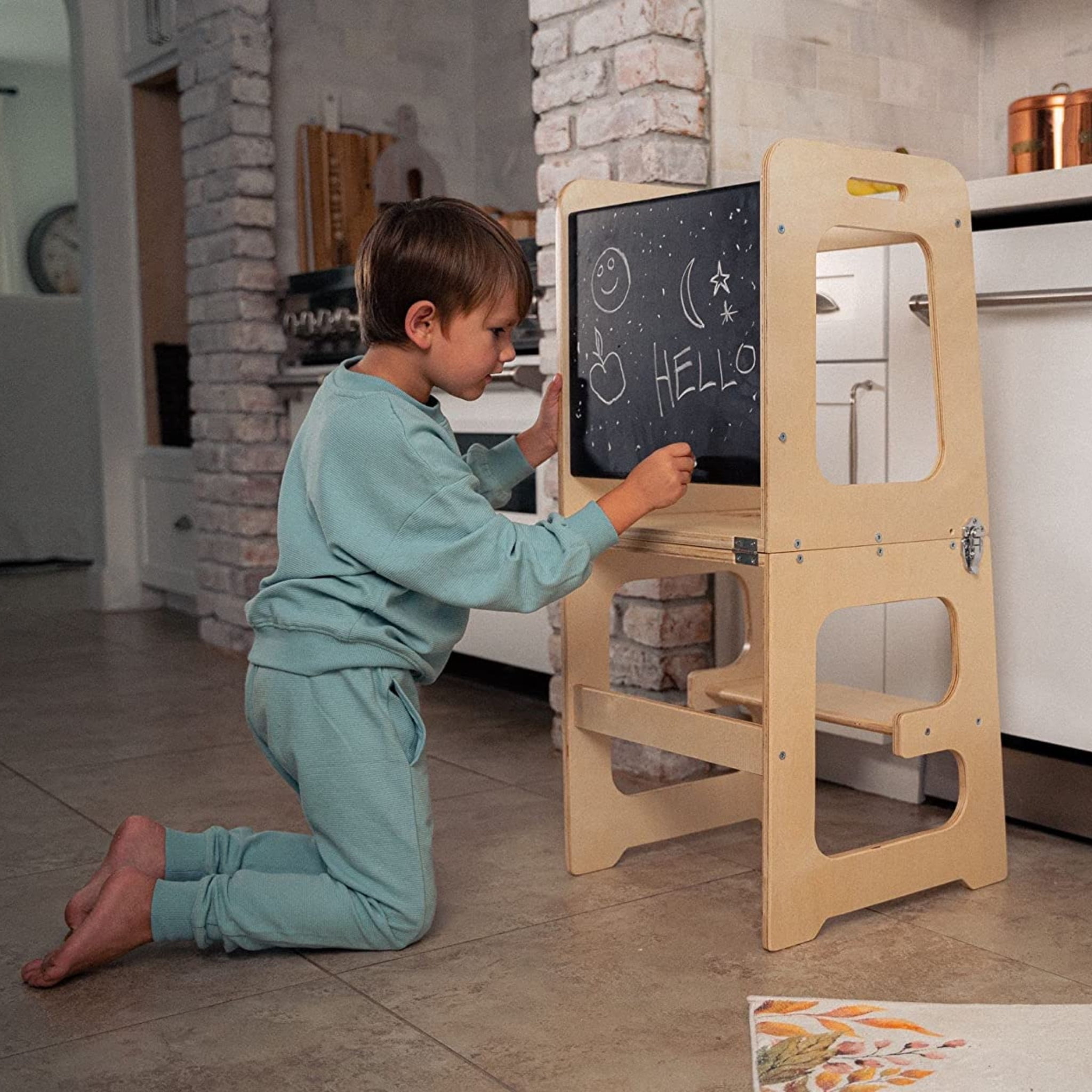 Avenlur Date 4-in-1 Foldable Kitchen Tower - Toddler Step Stool with Chalkboard, Desk Table and Chair - Waldorf and Montessori Kitchen Stool - Kitchen Stool Tower for Toddlers 18 Months to 6 Years