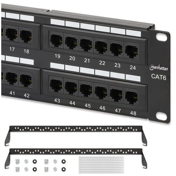 MANHATTAN 48-Port Network Patch Panel Cat-6 - 2U UL Listed - Rackmount Wall Mount - Cable Management Bar - Rack Mount Hardware - Installer Grade 3 Gold Plated Contacts - Lifetime Mfg Warranty 720816