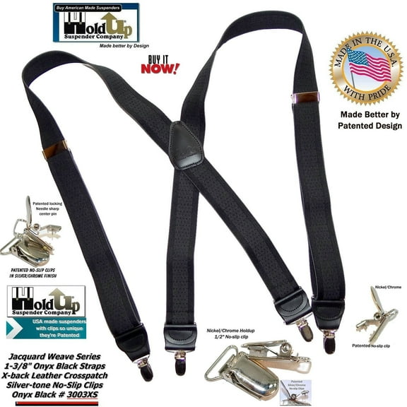 Hold-Ups Black "Onyx" Jacquard 1 1/2" wide in X-back style and patented No-slip Nickel Clips