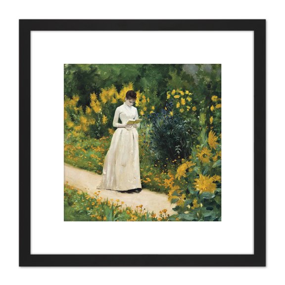 Aublet Reading Garden Path Painting 8X8 Inch Square Wooden Framed Wall Art Print Picture with Mount