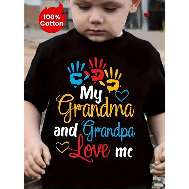MY GRANDMA AND GRANDPA LOVE ME Print, Boy's Casual Crew Neck Short Sleeve Summer Pure Cotton T-shirt For Daily Wear